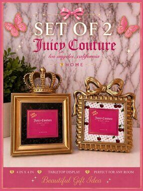 Juicy Couture Gold Crown & Bow Photo Frames Set of 2 4x4 Vanity Decor